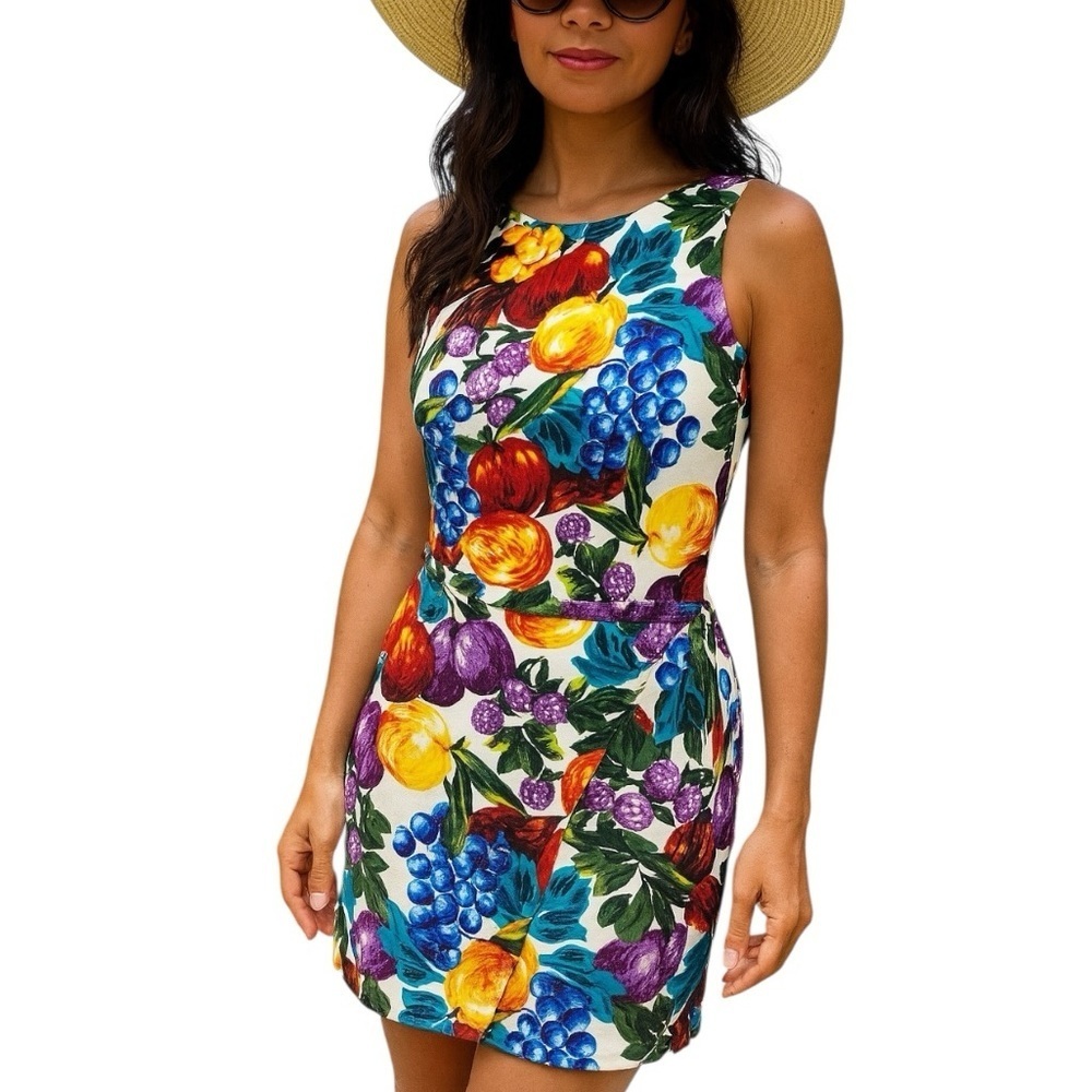 NWOT Vintage Tropical Ease Small Fruit Mini Faux Wrap Dress